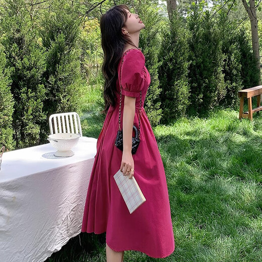 法式复古粉色连衣裙女2025夏季泡泡袖收腰显瘦公主长裙子D1396 玫红色 2XL 【130-145斤】