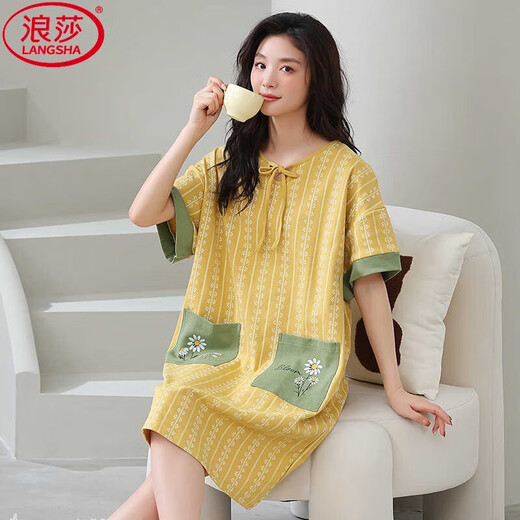 浪莎（LangSha）睡裙女夏季纯色棉短袖中长款胖mm睡衣女加肥加大码200斤薄款家居 F-6626 4XL (推荐165-190斤g