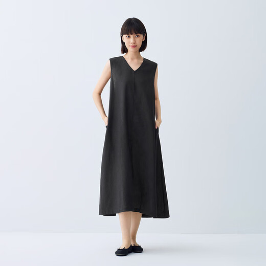 Muji Women's Cotton Chanvre Hobe sans manches Robe de femme Robe d'été Robe longue BCD91C5S Black L (165 / 88A)