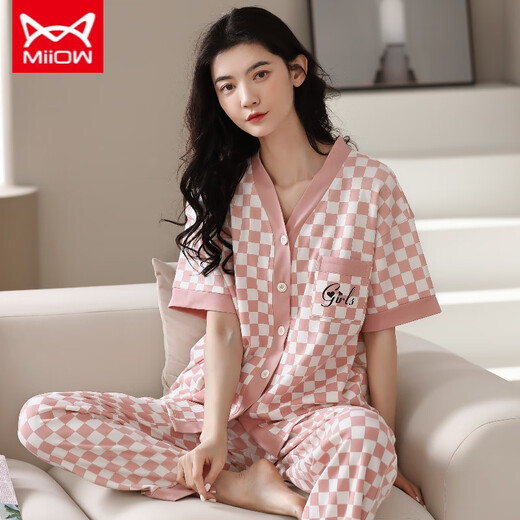 
Catman MIIOW pajamas for women in spring and summer short-sleeved trousers cardigan Korean style cute V-neck summer home clothes full cotton set YSH-9734# cardigan L size 100-120Jin [Jin equals 0.5 kg]