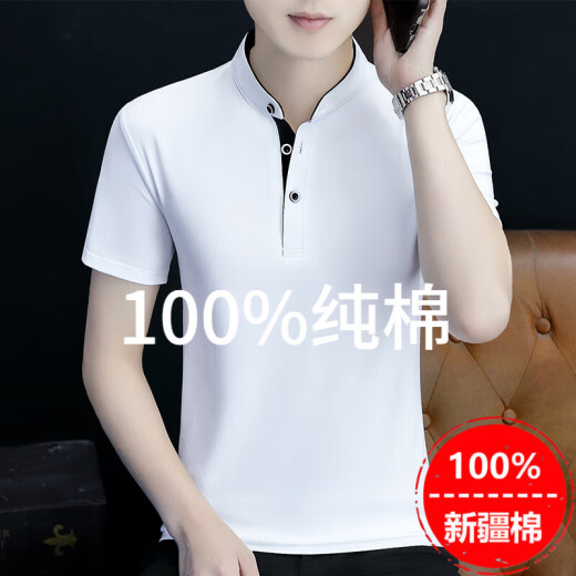 皮尔卡丹（pierre cardin）高品质立领白色纯棉短袖t恤男夏季纯色V领汗衫潮流上衣服男polo衫 白色Q691短袖 M 建议95-115斤