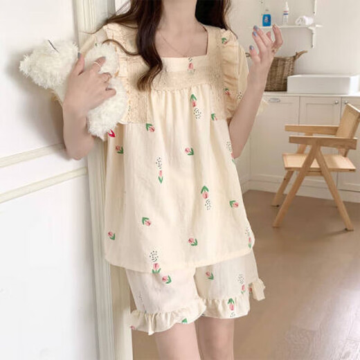 桑蒲少女生睡衣女士夏季薄款大码公主风短袖短裤可爱春夏天家居服套装 693粉色 M (建议体重80-100斤)
