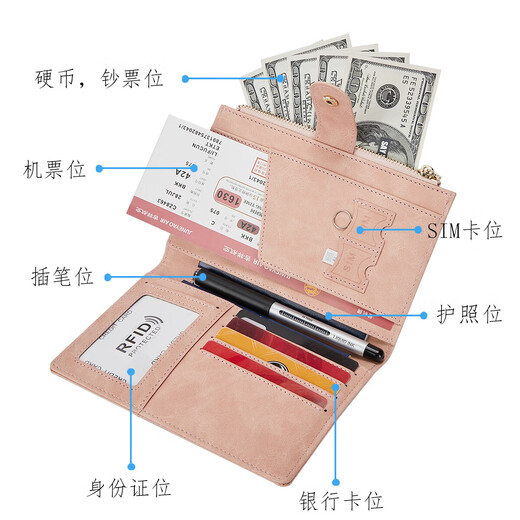 多功能旅行护照包全新磨砂设计PU质地防盗刷钱包适用青年商务风PU 粉红色[防盗刷]