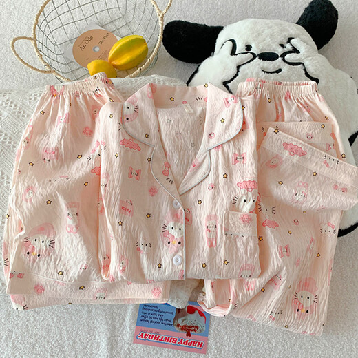 京濮飞甜美猫咪短袖睡衣三件套棉纱布家居服春夏秋 云朵棉-J9901#乐园小狗三件套 M 【建议75-100斤】