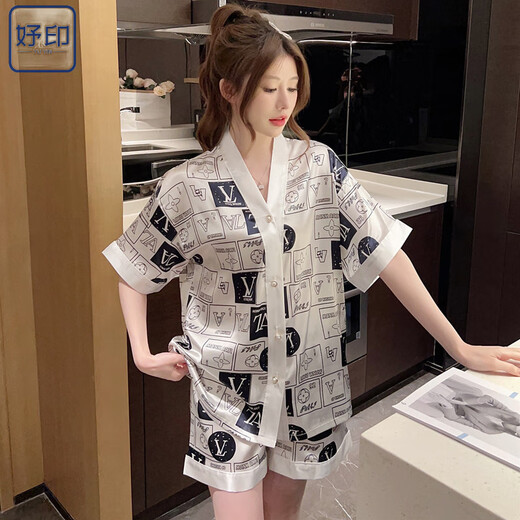 妤印国潮风水墨画冰丝居家服两件套女夏新款短袖印花宽松大码睡衣套装 829#对襟方格字母 M