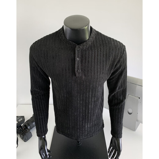 PUGESI American heavy henley shirt men's autumn black and white striped long-sleeved T-shirt herringbone pattern stand-up collar inner base sweatshirt gray 3XL