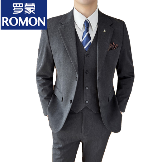 ROMON British business slim suit men's commuter casual school suit professional wear formal groom's dress three-piece suit dark gray suit + trousers 4XL