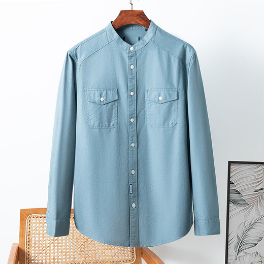 Gosram Henry collar shirt green cotton stand collar long sleeve men's spring and autumn stylish slim pocket work style shirt H_111 green stand collar pocket long sleeve shirt 40