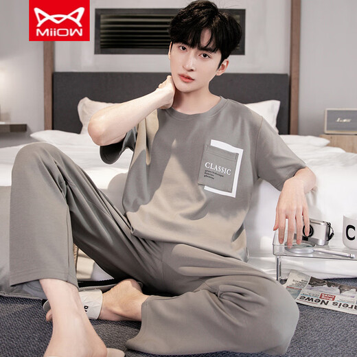Catman Miiow Pure Cotton Pyjamas Herren Sommer kurzärmelige Hosen Jährlich-auf-Sommer-Dünne Baumwolle Largesize Casusize-Home-Kleidungsstückset YS9201 L Geeignet für -120jin [Jin gleich 0,5 kg] Verschleiß