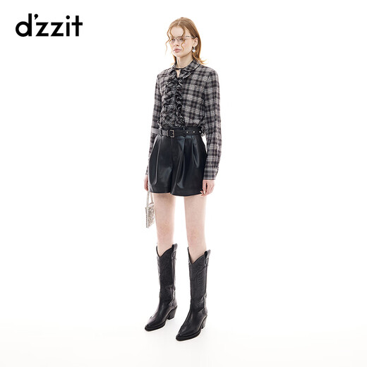 DZZIT【刘浩存同款】地素衬衫2025秋季复古荷叶边格纹上衣女3J3D5153F 深灰色 M