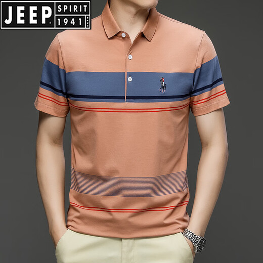 
JEEP SPIRIT2025 summer new pure cotton embroidered short-sleeved men's t-shirt striped casual lapel large size POLO shirt men 3523 dark green M 170/48
