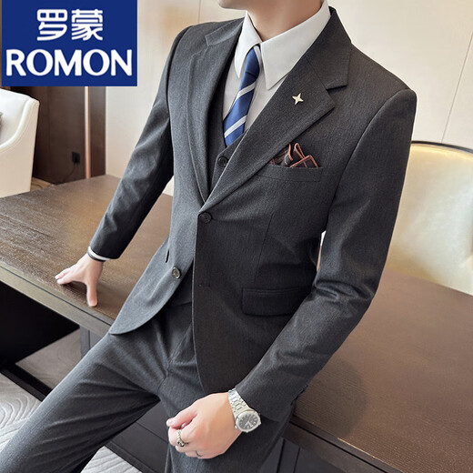 ROMON British business slim suit men's commuter casual school suit professional wear formal groom's dress three-piece suit dark gray suit + trousers 4XL