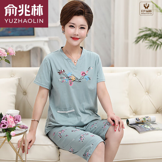 俞兆林（YUZHAOLIN）品牌夏季女短袖套装中老年人七分裤宽松加大码妈妈家居服薄款 6627短袖七分裤断码 M 80-100斤
