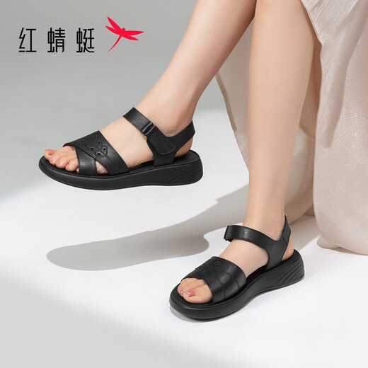 红蜻蜓妈妈凉鞋2025夏季老年牛皮舒适防滑软底女凉鞋WJK25885 黑色 36