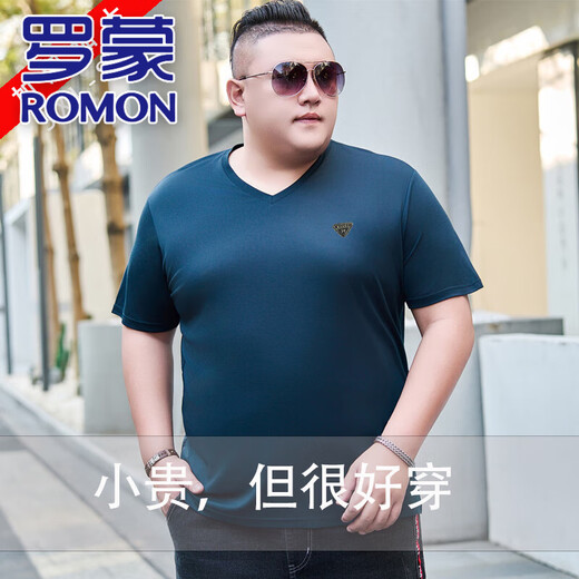 
ROMON (ROMON) extra large size ice silk V-neck short-sleeved T-shirt for men in summer plus fat plus large fat loose casual solid color half-sleeved T-shirt JXS9918 Haqing 8XL 210 (280-300Jin [Jin equals 0.5 kg])