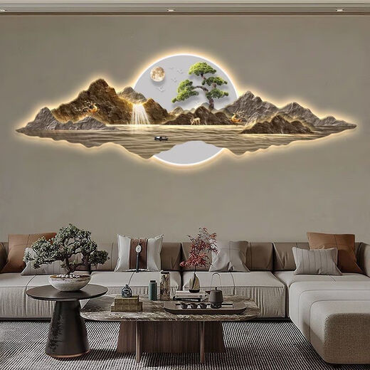 时鸟流水生财山水画新中式客厅装饰画沙发背景墙挂画大气茶室壁饰 13548 210*70精雕晶瓷画-无灯款