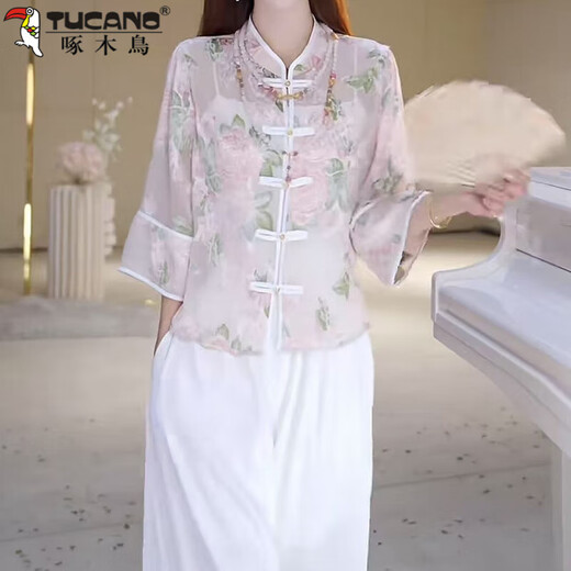 
Woodpecker (TUCANO) 2025 summer new Chinese style sunscreen jacket for women retro elegant age-reducing versatile casual button top White S