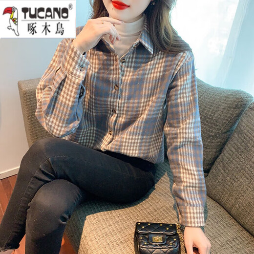 Woodpecker's new style plush thickened woolen plaid shirt jacket for women loose and versatile age-reducing Korean winter warm shirt trendy blue (fabric collection is preferred for shipping) L