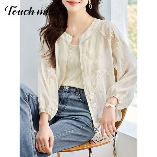 塔驰密司 TOUCH MISS高端中国风防晒衣女夏季2025新款宽松透气轻薄款防晒服短外套女 米色 XL 120-130斤