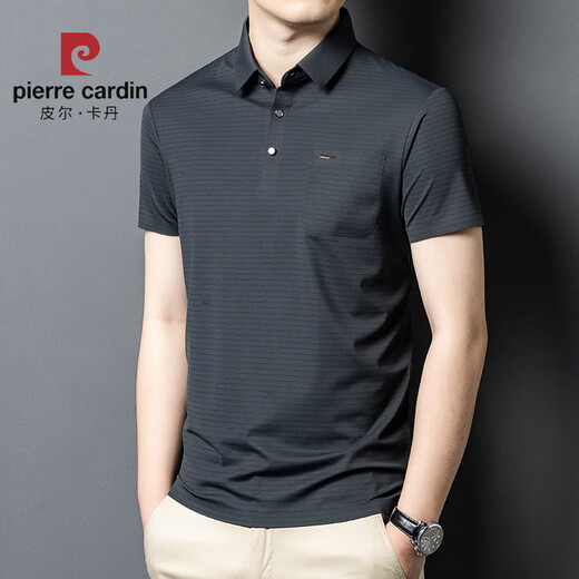 皮尔卡丹（pierre cardin）2025冰丝短袖男T恤中年爸爸装夏季薄款休闲透气无痕条纹polo衫男 红色15286 XL 52建议体重145-160斤