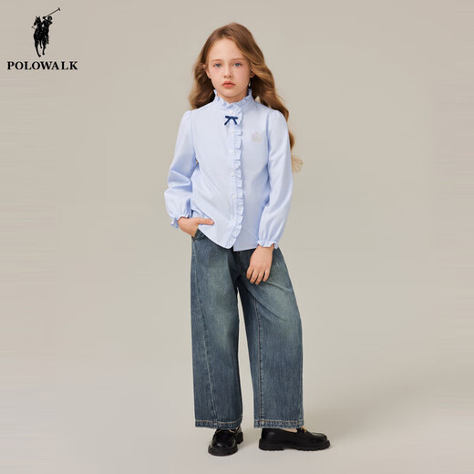 POLOWALK children's clothing girls long-sleeved shirt 2025 autumn new striped medium and large children's lapel top blue 120 120cm