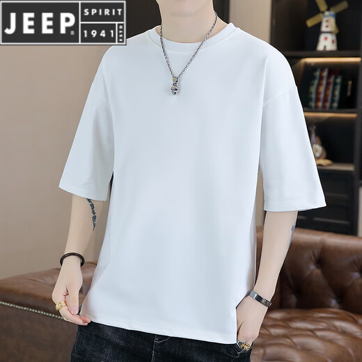 JEEP SPIRIT潮流纯色男士圆领宽松T恤2025夏季新款潮流帅气青年五分袖体恤衫 T9902白色 M