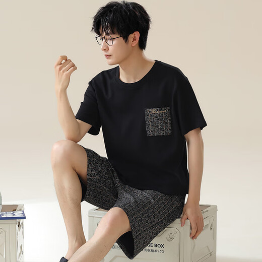 Shuo Gu Jin (Shuo Gu Jin) Summer Men's Pyjamas Imitation Coton Pull-up Shorts à manches courtes décontractées, les adolescents peuvent porter des vêtements de maison minces pour les hommes AM-3524 L