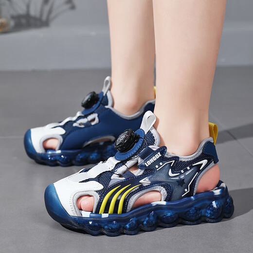 Children's Sandals Boys Summer 2025 New Baotou Beach Shoes for Big Children Boys Soft Bottom Anti-Slip Summer Mesh Sapphire Blue 38