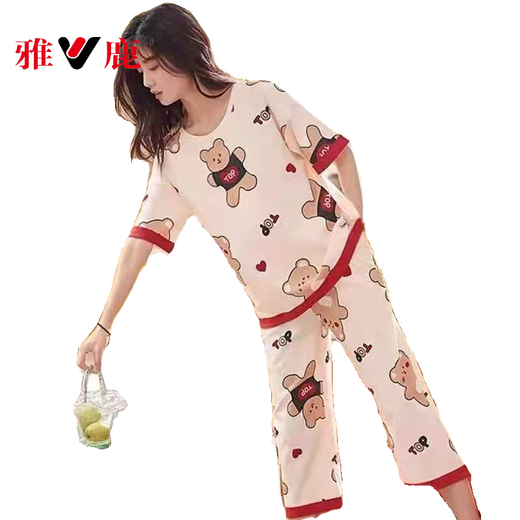 雅鹿新款睡衣女2025夏季纯棉短袖七分裤薄款可外穿卡通家居服套装 七分裤679巴比熊套装D M 女75-95斤左右