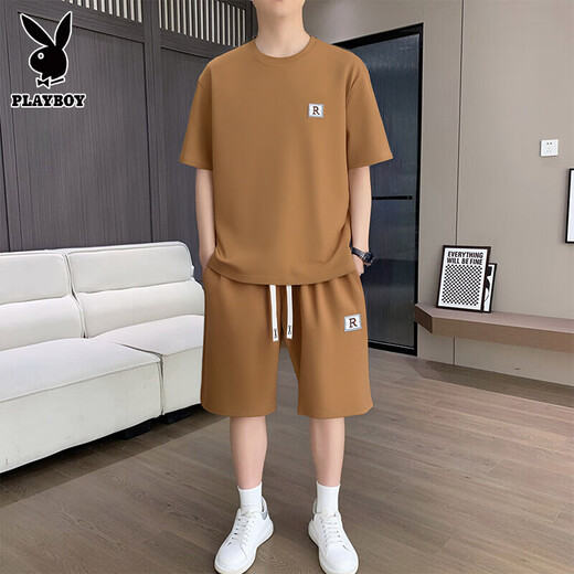 
Playboy Men's Casual Suit Summer Loose Breathable Short Sleeve T-Shirt Korean Style Fashion Trendy Men's Sports Set [Set] Khaki L [Suggested 120-140Jin [Jin equals 0.5 kg]]