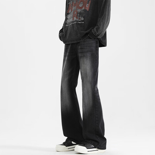 MONPOC American high street bootcut jeans men's spring, autumn and winter trendy casual straight long pants 908 black gray L