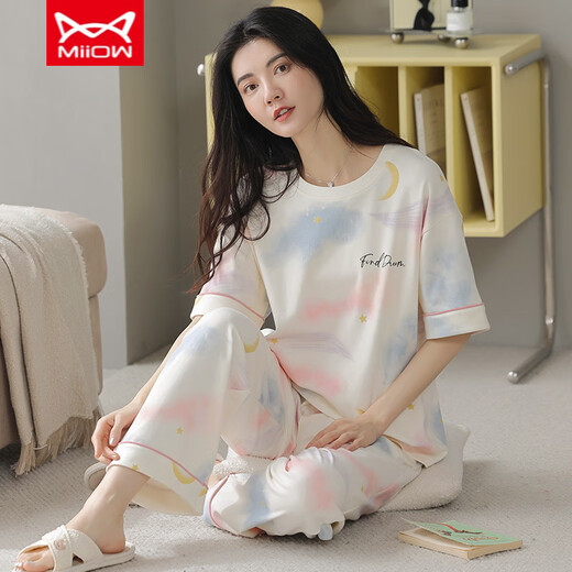 Catman Miiow Pajamas para mujeres en primavera y verano pantalones de manga corta Los estudiantes de estilo coreano puro pueden usar trajes de ropa para el hogar de algodón puro afuera en verano yzt9713 algodón de longitud corta (80-jin [Jin equivale a 0.5 kg])