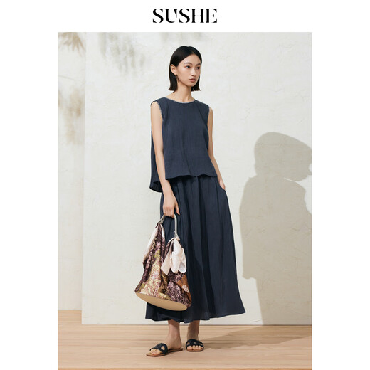 SUSHE Lingjian ethnic style embroidered sleeveless top drape skirt loose straight pants suit women summer Cenlan-top M