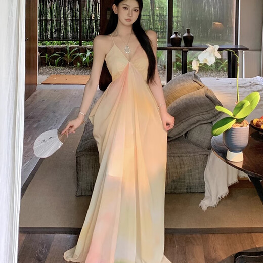 Miao Yijia suspender dress for women's skirt summer 2025 new pure sexy beach vacation French long skirt dress yellow tie-dye suspender vacation style dress M [Suggested 85-100Jin [Jin equals 0.5 kg]]