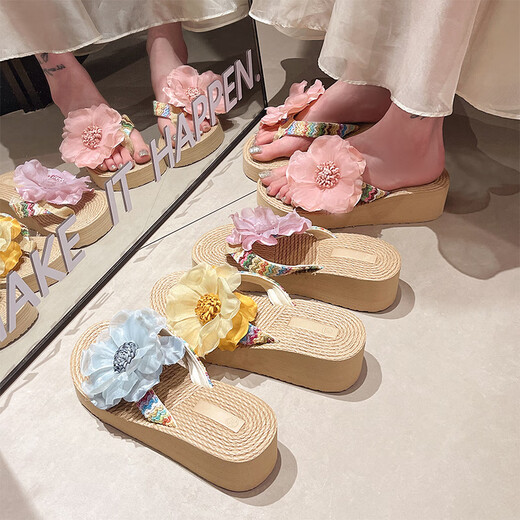 Sandales de planification pour les femmes de style fée des femmes flipples d'été Fashion Paille de paille de paille fleurs épaisses semelles pastorales Vacation plage chaussures de femmes chaussures plage chaussures de plage femmes [petite fleur rose] 38 Hauteur de talon 5cm