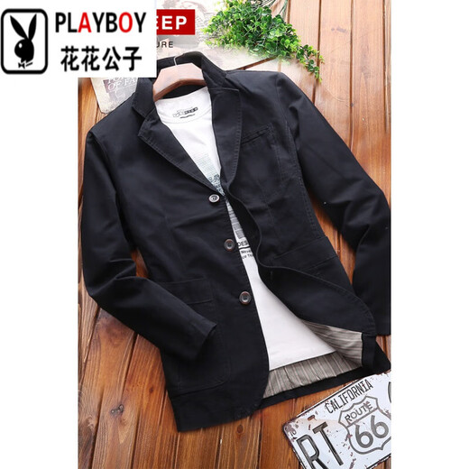 花花公子（PLAYBOY）高档西服外套春秋季宽松休闲单西小西装男装大码中年上衣夹克外套 黑色 L 适合体重125-145
