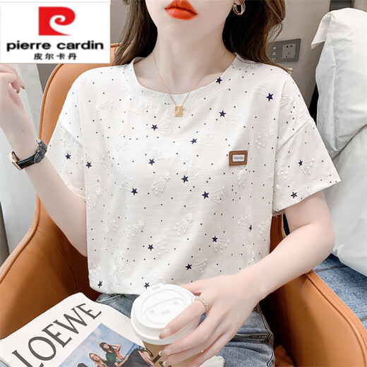 Pierre Cardin Pure I Cotton bedrucktes kurzärärmiges T-Shirt für Frauen 2025 Sommer Neues lose Druckdesign Vielseitig T-Shirt Top Trend 1396# Weiß M geeignet -109jin [Jin ist 0,5 kg]