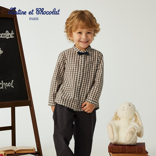 TARTINE ET CHOCOLAT French Chocolate Children's Clothing 25 Autumn New Boys' Plaid Long-Sleeved Shirt Brown One Size 100/3A