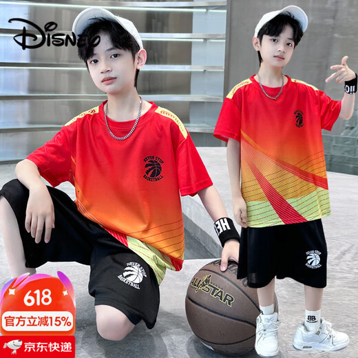 迪士尼（Disney）儿童男童短袖篮球服套装2025新款夏装运动球衣大童男孩速干训练服 蓝色 9905 130
