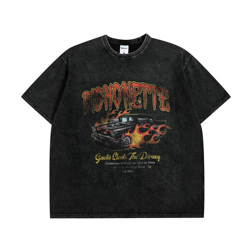 Yunzhaolu XFM national trend brand vintage retro print heavy wash-out short-sleeved T-shirt ins small neckline half-sleeved tee X6630 M