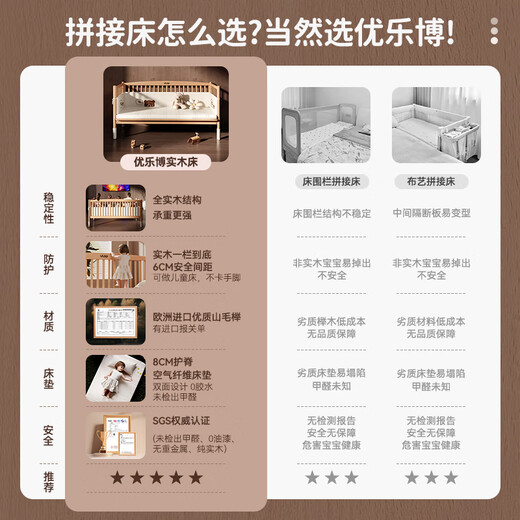 ULOP beech crib spliced bed solid wood with guardrails, liftable bedside and wide bed, adult can sleep children's baby bed, 200*60 single bed + extension board + 4D mattress + 5-piece set. The event will give you a washable 4D air fiber mattress 8CM