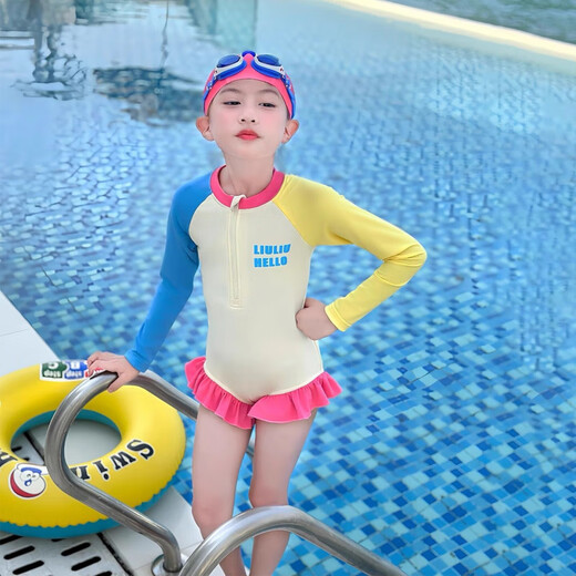 OIMG Girls 2025 Swimsuit Summer New Style Girls One-piece Swimsuit Children's Long Sleeve Sun Protection Swimsuit Long Sleeve Dopamine Swimsuit + Swimming Cap 110 Recommended height is about 1 meter
