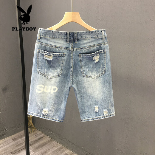 
Playboy (PLAYBOY) trendy internet celebrity guy ripped denim shorts men ins casual beggar mid-trousers summer new four-five 5-point pants (T693) blue 28 (recommended 90-100 Jin [Jin equals 0.5 kg])