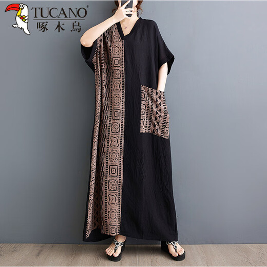 Woodpecker exports Thai fat M girls thin cotton and linen printed splicing tensile slim belly covering to make you look slim V-neck short-sleeved contrasting color long dress 9856# blue splicing, one size, 100-200 Jin [Jin equals 0.5 kg]
