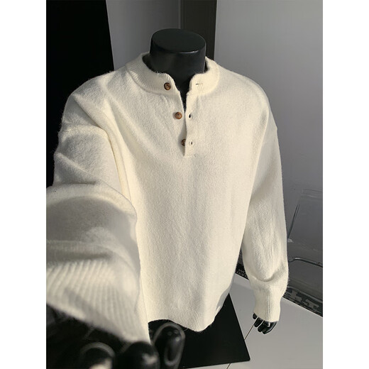 XUANSENTU black Henry collar sweater for men, spring and autumn mature and stable POLO knitted bottoming shirt, lazy style inner sweater, black M