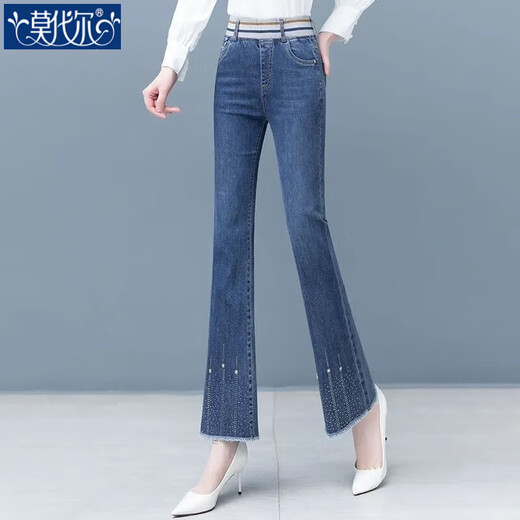 Modal Hot Diamond Elastic Taille Jeans Damen 2025 Herbst neuer Stil von Mikroschubhosen hohe Taille schlanker Glockenbodenhosen Fell-Schnitt-Hosen F6198 Blau 29 schlug 110-120jin vor [Jin gleich 0,5 kg] [2 Fuß 2]