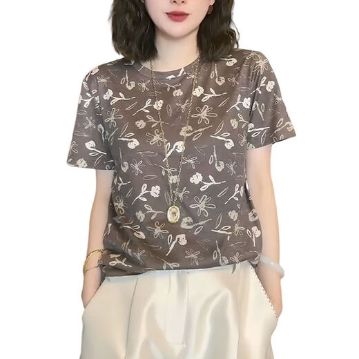 
DRYWORLD European products 2025 summer new short-sleeved T-shirt for women fashion loose casual and versatile temperament floral round neck top big red [Trendy and elegant 1049 brown] M