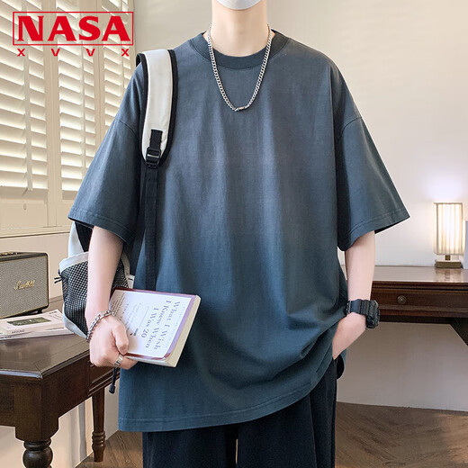 NASA XVVX渐变短袖T恤男夏季潮流港风宽松百搭复古五分袖衣服圆领休闲体恤 2601蓝色 L (约100~115斤可穿)