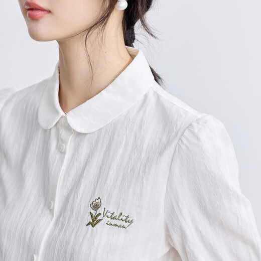 
InMAN (INMAN) pure cotton literary embroidered short-sleeved white shirt for women 2025 summer comfortable and versatile commuter lapel shirt top Pearl white M