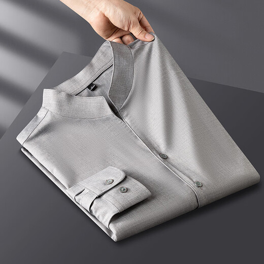 Chaolilong Spring and Autumn Thin Henley Collar Cool Shirt Men's Long Sleeve High-End Mid-mountain Collar Casual Korean Style Trendy Shirt Men's Khaki XL